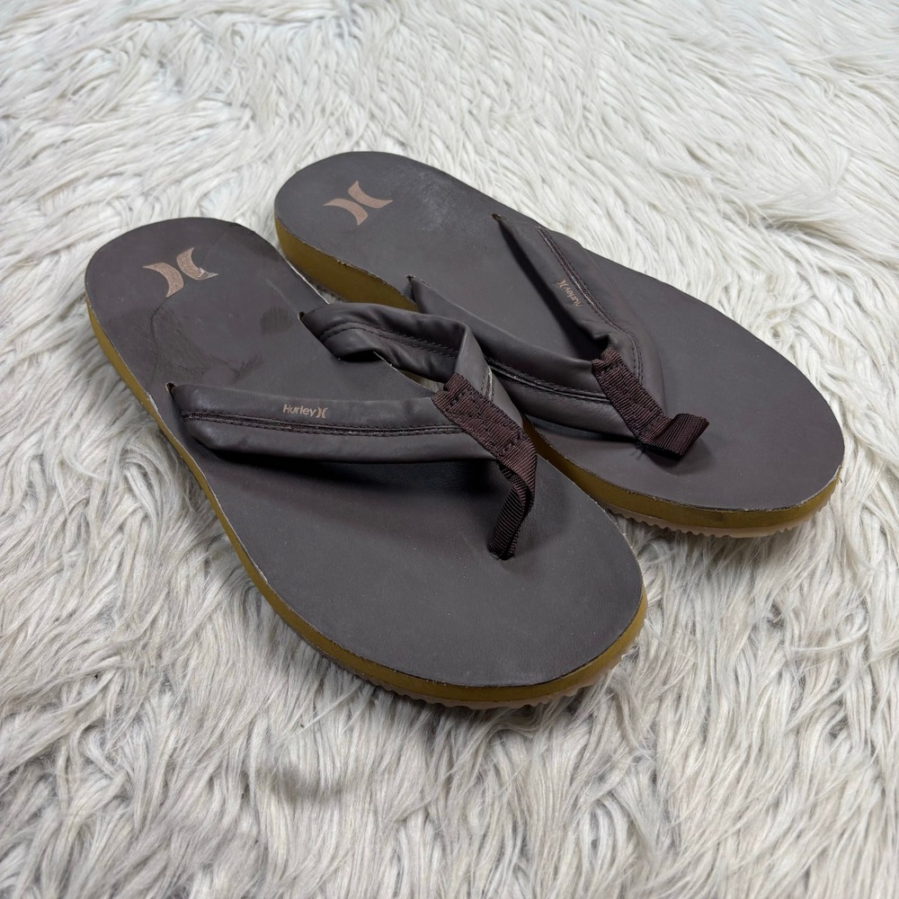 NWOB Hurley Men's 10 Brown Faux Leather Lunar Flip Flop Sandals Beach Surfer